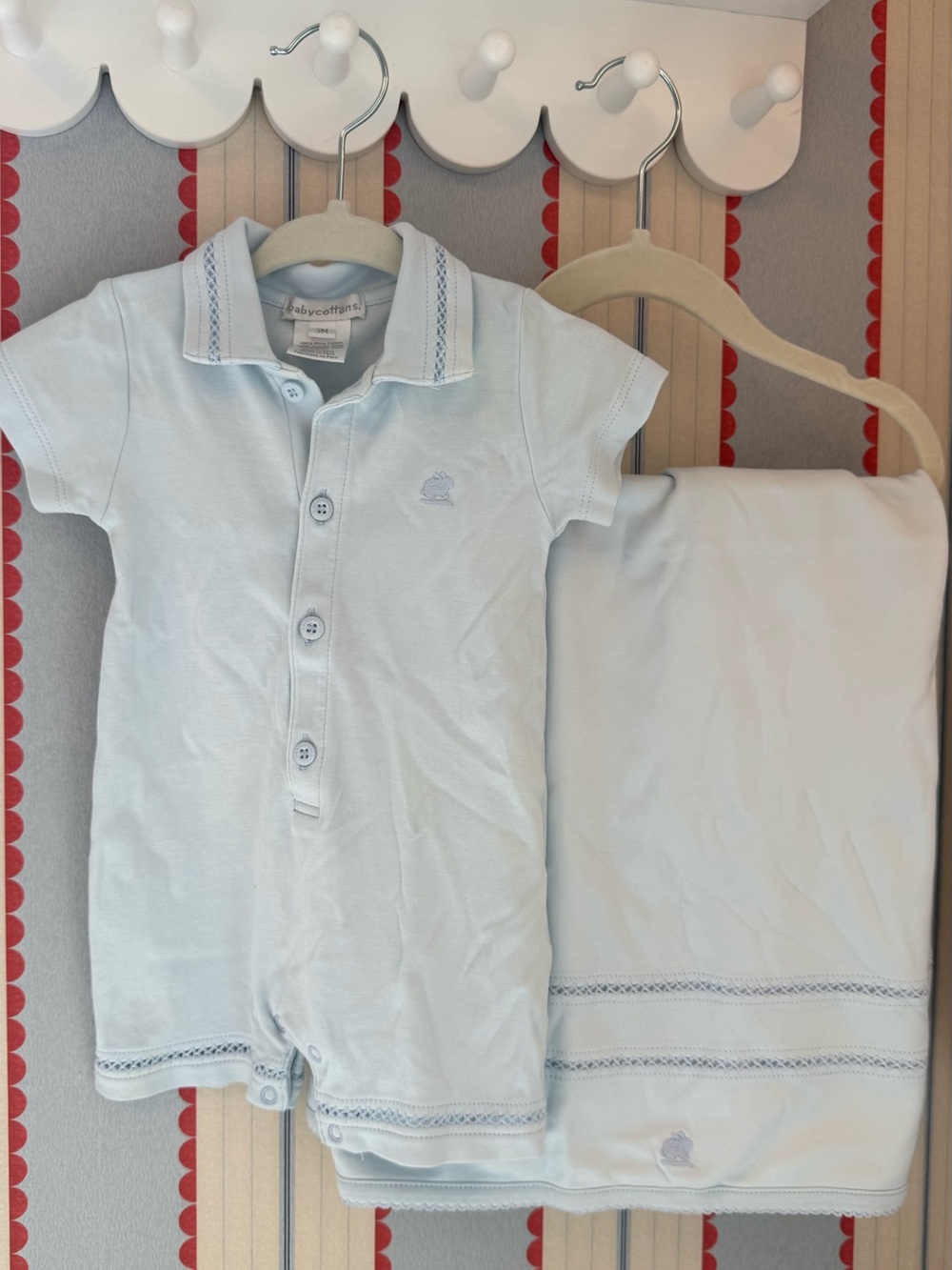 Babycottons Essentials Light Blue Polo Romper & Blanket Set in Pima Cotton